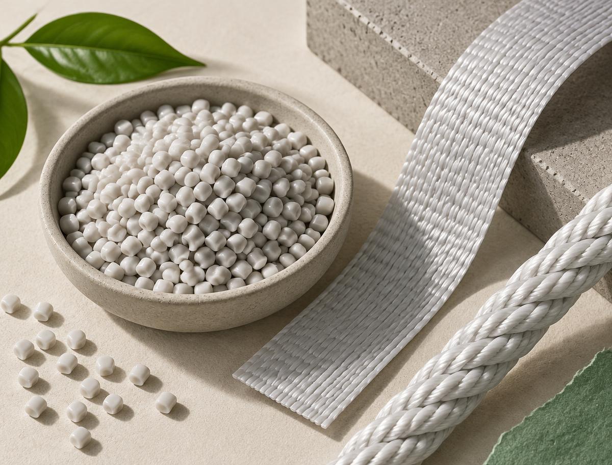 PP Raffia recycled polymer granules and example application